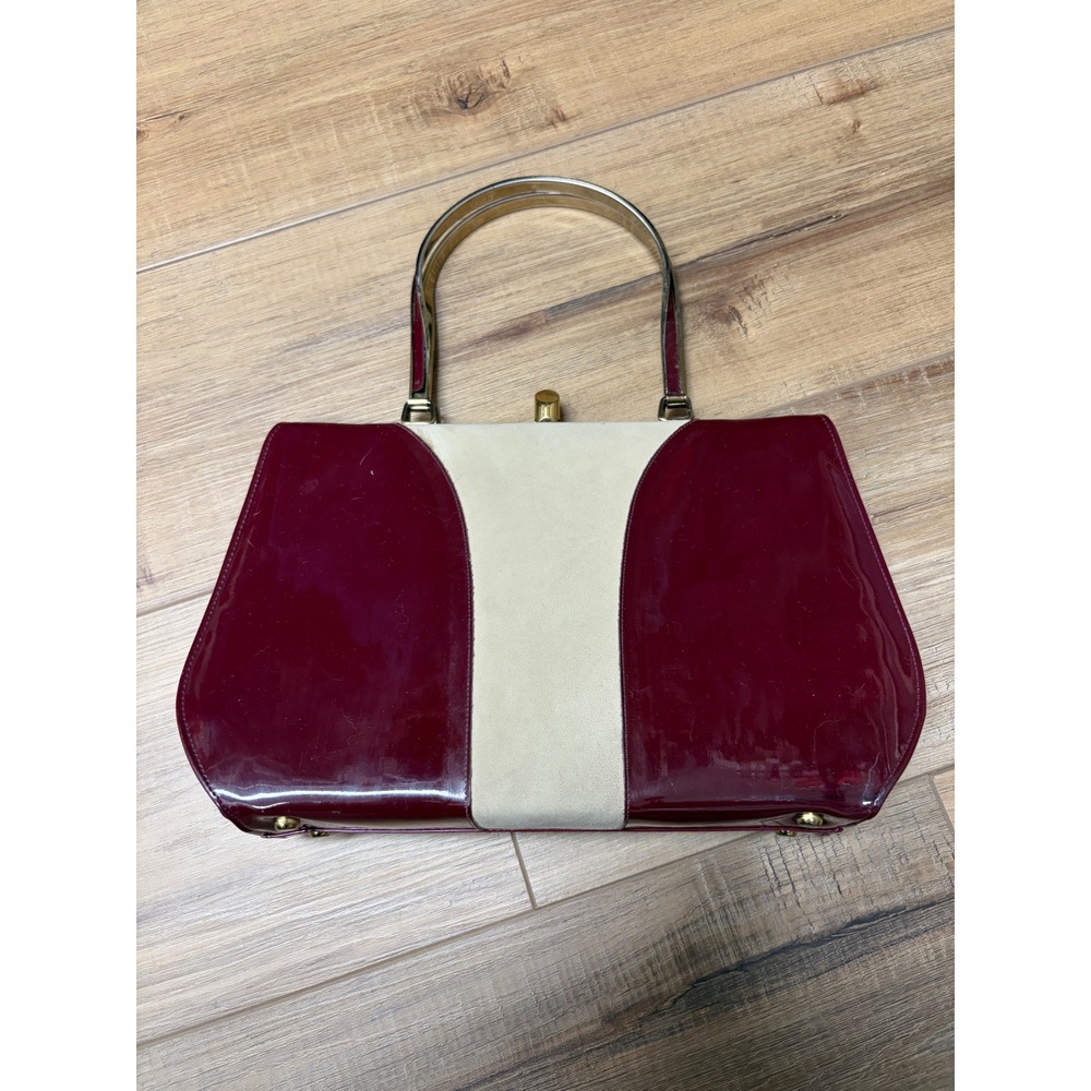 Vintage Two Tone Burgundy Patent Leather Cream Suede Handbag Gold Metal Handle